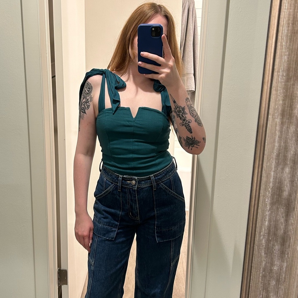 Free people teal v neck bodysuit with tie straps size small